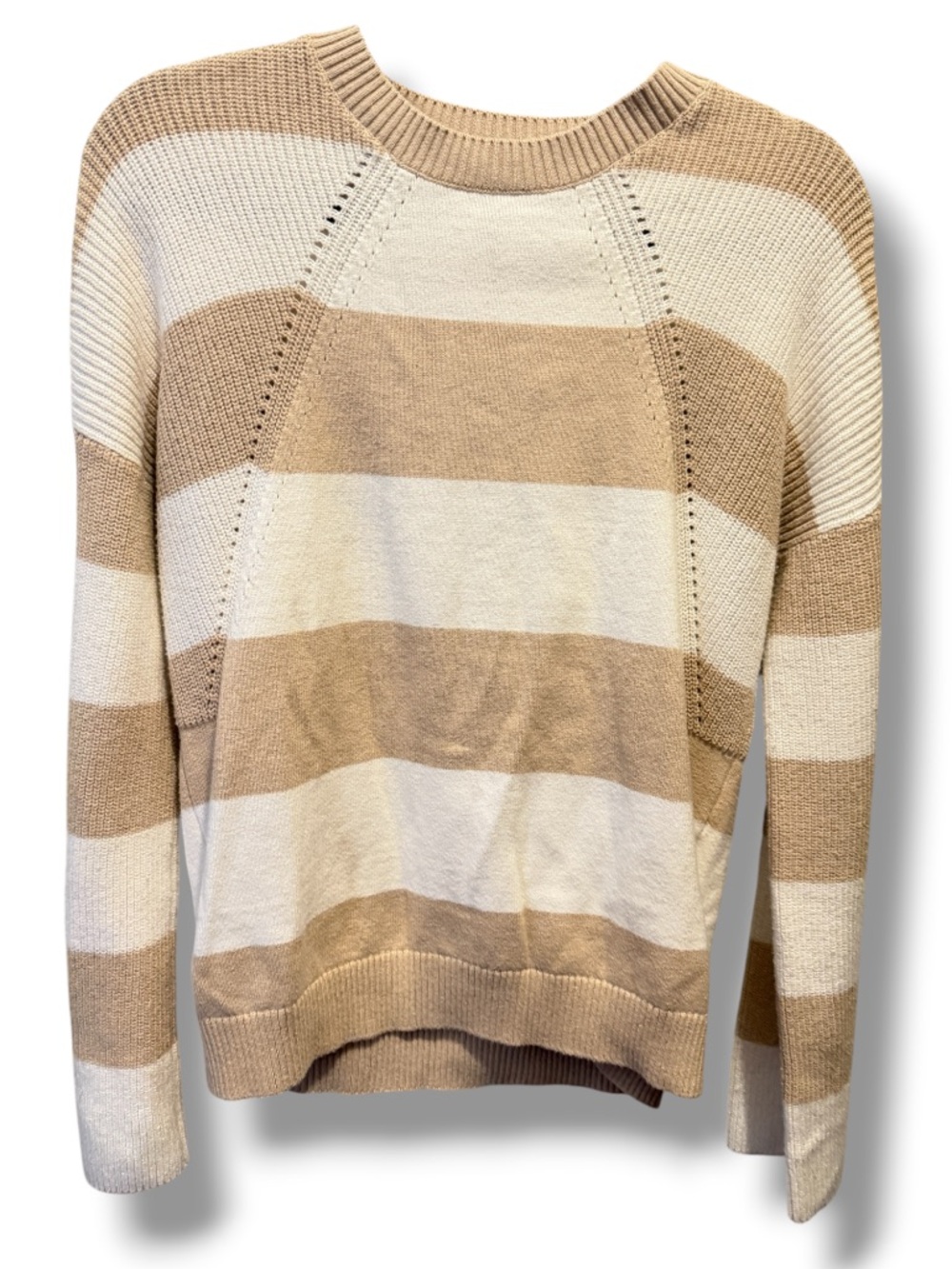 Minnie Rose Women’s Beige White Striped Detailed Sweater Cashmere Blend